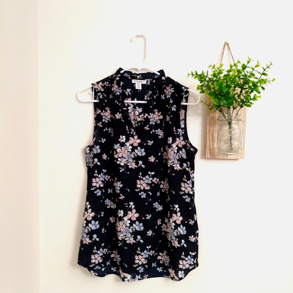 CAROLINA BELLE Womens Shirt Sleeveless Floral Print Poly Blue Top